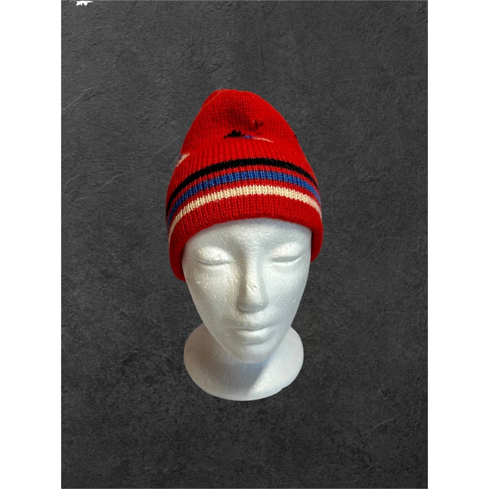 Smiley‎ Knit Beanie Hat Mens OSFM Red Striped Geometric Retro Ski Good Condition